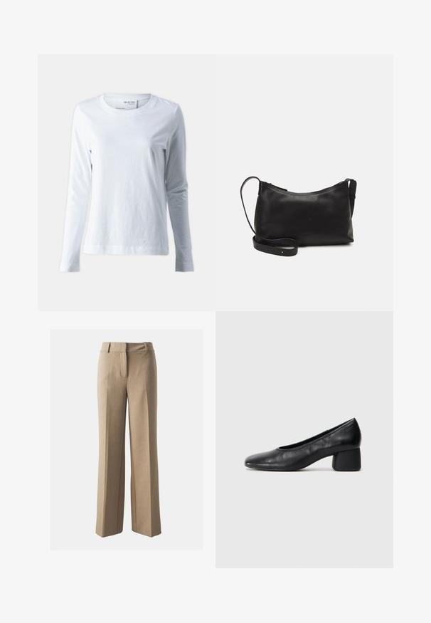 Fehér, hosszú ujjú póló, puha pamutból készült. Kerek nyakkivágással és testhezálló ujjal rendelkezik. Simább textúrája és sima dizájnja van.; Beige, bő szárú nadrág sima anyagból, szabott derékkal és elülső pliszékkal. Tiszta dizájn jellemzi, látható zsebek vagy díszítés nélkül.; Fekete bőr magassarkú cipő, lekerekített orral és közepes blokk sarkú. Simább textúrájú, minimális díszítéssel, finom elasztikus nyílással.; Fekete bőr válltáska sima felülettel, ívelt formával, állítható pánttal és cipzáras záródással. Minimalista dizájn díszítmények nélkül.