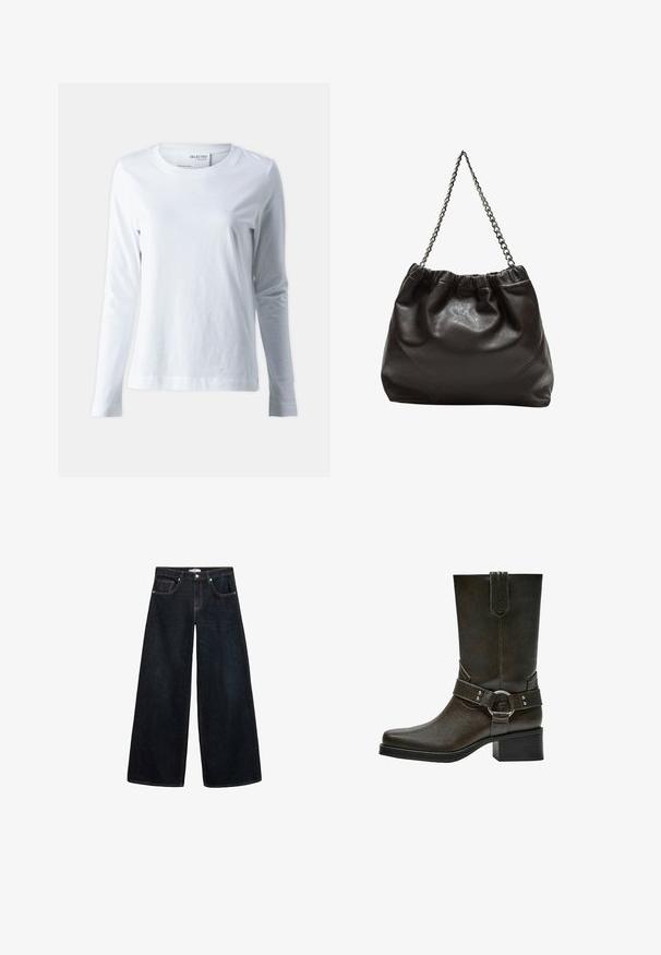 Weißes Langarm-T-Shirt aus weicher Baumwolle. Mit Rundhalsausschnitt und enganliegenden Ärmeln. Glatte Textur mit schlichten Design.; Weite, dunkelblaue Jeans mit hoch sitzendem Bund, kontrastierenden Nähten, Vorderentaschen und einem minimalistischen Design.; Braune Leder-Ankle-Boots mit quadratischer Zehenform, kurzem Blockabsatz und dekorativem Riemen mit silberner Schnalle. Glatte Textur, schlichtes Design.; Braune Lederhandtasche mit gerafftem Oberteil und Kettenriemen. Glatte Textur mit glänzendem Finish und subtilen Nahtdetails an den Seiten.