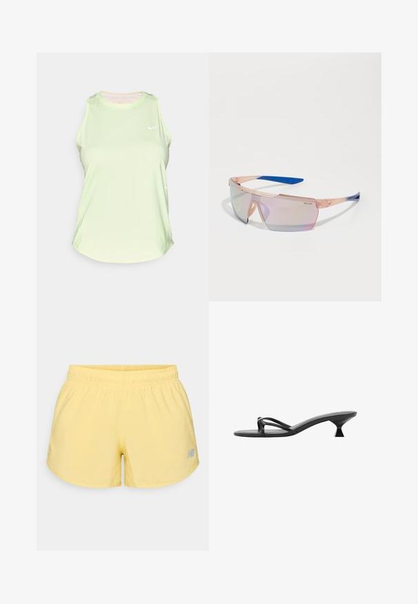 Helles grünes ärmelloses Sportoberteil aus glattem Material, mit rundem Ausschnitt und einem kleinen weißen Logo auf der Brust.; Gelbe Sportshorts mit einem elastischen Bund und einem kleinen grauen Logo am unteren rechten Ende. Glattes Material, leicht und kurz geschnitten.; Schwarze High Heels Sandalen mit einem eleganten Design, dünnen Riemen und einem einzigartigen dreieckigen Absatz. Glatte Textur mit einem minimalistischen Look.; Nike Course Sonnenbrille mit einem transparenten Pfirsichrahmen, blauen Akzenten und iridenzierten Gläsern. Winkliges Design mit einer sportlichen Ästhetik.