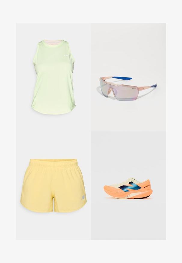 Light green sleeveless athletic top made of smooth fabric, featuring a rounded neckline and a small white logo on the chest.; Yellow athletic shorts with an elastic waistband and a small grey logo on the bottom right. Smooth fabric, lightweight and short cut design.; Running shoe with a lightweight cream upper, blue branding, and orange accents on the sole. Mesh texture for breathability.; Nike Course sunglasses with a transparent peach frame, blue accents, and iridescent lenses. Angular design with a sporty aesthetic.