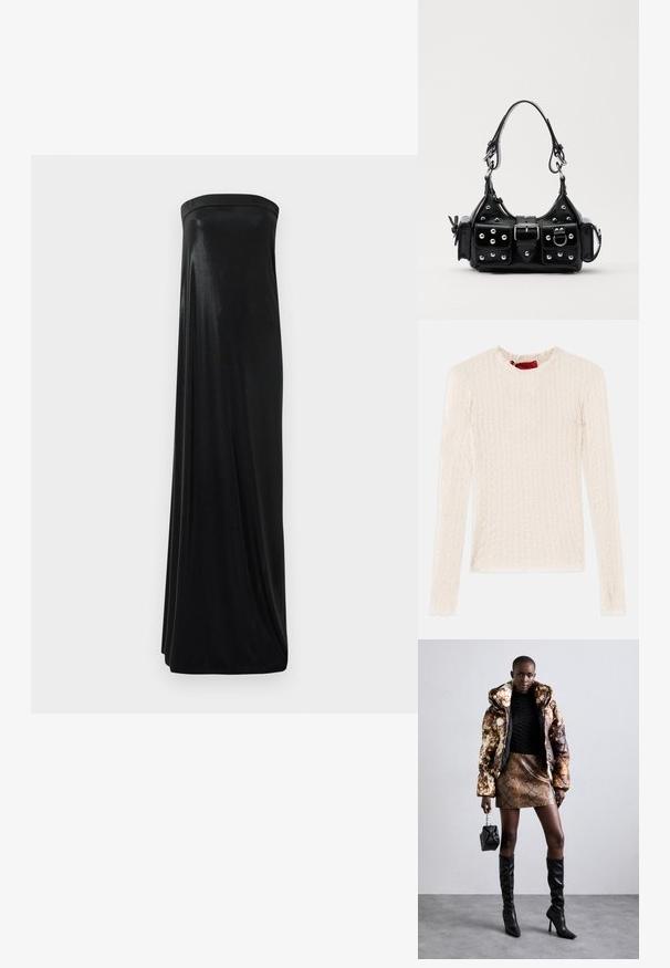 Long-sleeve cream top featuring a textured pattern with wavy lines. Round neck with a subtle branding label on the inside.; Black strapless maxi dress made of smooth, shiny fabric. Features a fitted bodice and flowing silhouette, reaching the floor without embellishments.; Puffer jacket with a brown and black pattern, paired with a brown snake print mini skirt, black knee-high boots, and a small black bag.; Black leather handbag with a curved design, featuring silver studs, a buckle, and two side pockets. Adjustable strap for carrying options.
