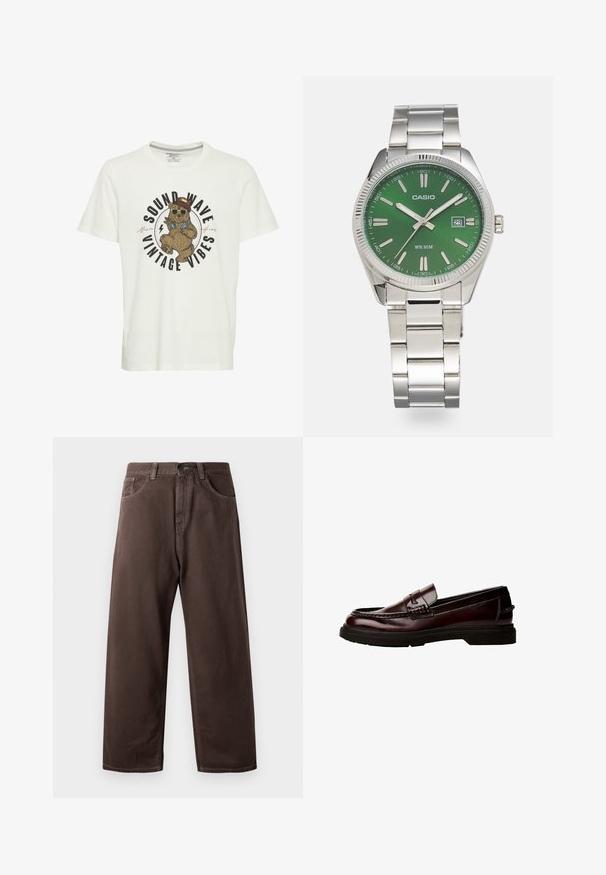 Valkoinen puuvillainen t-paita, jossa on graafinen kuva karhusta aurinkolaseissa ja hatussa, ja teksti "SOUND WAVE VINTAGE VIBES" paksuilla kirjaimilla.; Ruske levele hlače širokih nogavica iz bombaža, s klasičnim oblikovanjem petih žepov, zadrgo in vidnimi šivi.; Ruske nahkasaappaat pyöreällä varpaalla, yksityiskohtaisella ompeleella ja kumipohjalla. Ominaisuuksiin kuuluu koristeellinen hihna, sileä pinta.; Himmerkettsvitt rostfritt stål armbandsur med en rund grön urtavla, silverfärgade timmarkörer, datumvisning och metal länkarmband. Vattentålig upp till 50 meter.