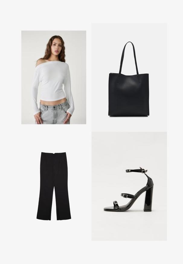 Stradivarius ASYMMETRICAL - Langarmshirt - white; Schwarze Hose mit geradem Schnitt, ausgestattet mit Fronttaschen und Seitenschlitzen am Saum. Hergestellt aus weichem, glattem Stoff. Geeignet für verschiedene Anlässe.; Schwarze patentierte Sandalen mit Absatz, quadratischer Spitze, Knöchelriemen und silbernen Schnallen. Mit einem stabilen Blockabsatz für mehr Stabilität.; Schwarze Laptoptasche aus Leder mit glatter Textur, rechteckiger Form und zwei langen Griffen. Keine sichtbaren Beschläge oder Verzierungen.
