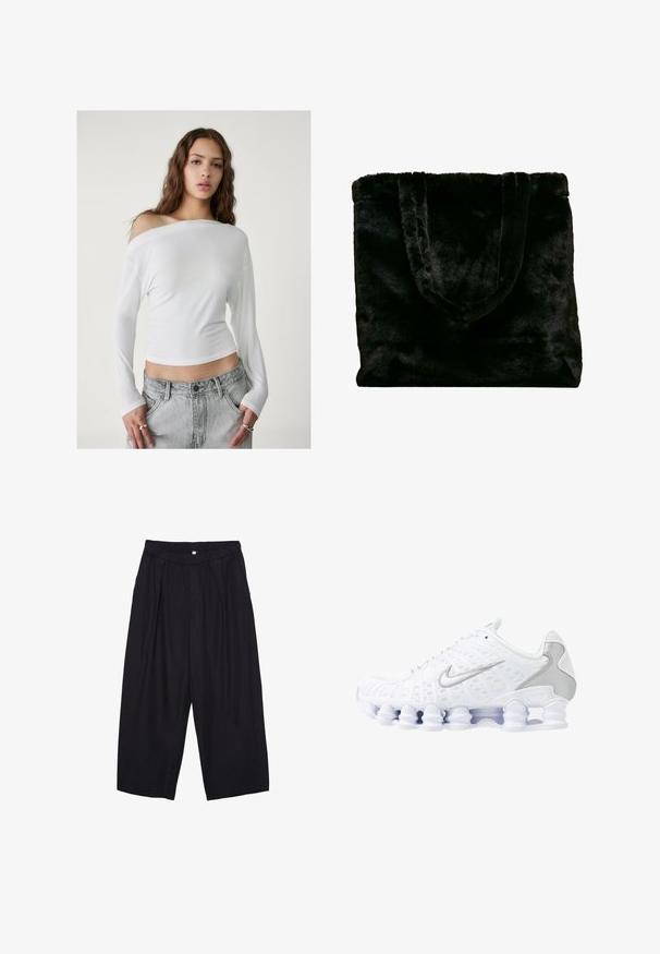 Stradivarius ASYMMETRICAL  - Langarmshirt - white; Schwarze Polyester-Culotte mit einem elastischen Bund, zwei vorderen Falten und einer lockeren Silhouette. Keine sichtbaren Muster oder Hardware-Details.; Weiße Sportschuhe mit einem oberen Teil aus Mesh, silbernen Akzenten und einem einzigartigen Spiralsohlendesign. Verfügt über einen gepolsterten Schaft und eine Schnürung für optimalen Halt.; Schwarze Tote-Tasche aus Kunstpelz mit weicher Textur. Verfügt über zwei stabile Griffe und ein offenes Design, das für verschiedene Verwendungszwecke geeignet ist.