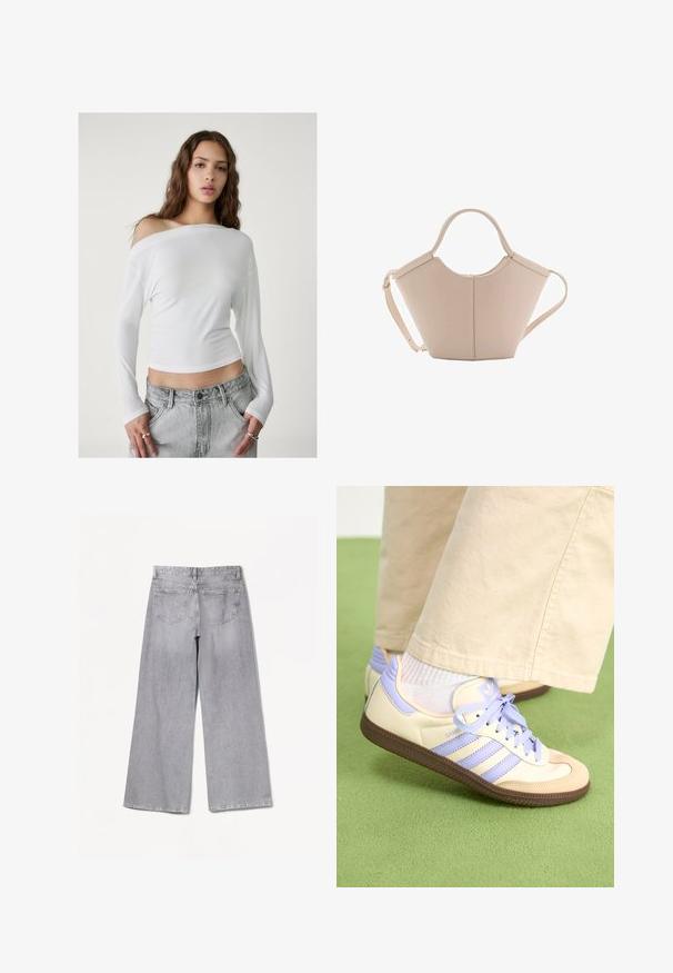 Stradivarius ASYMMETRICAL - Longsleeve - white; Bershka WIDE-LEG - Wide leg - grey; Crème- en lavendel-sneakers met drie strepen en een gestructureerde bruine zool, voorzien van veters en een gewatteerde hiel. Zachte stoffen bovenkant.; Beige leren handtas met een unieke vorm, voorzien van twee korte handvatten en een lange verstelbare schouderriem. Glad oppervlak met minimale hardware.