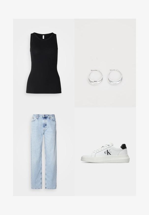 Sort ærmeløs tanktop lavet af ribbet stof, med rund halsudskæring og tætsiddende design, med en glat overflade og uden mønstre.; Lyseblå brede jeans lavet af denim, med høj talje, falmet vask og subtil tie-dye mønster langs fronten.; Hvide lavtoppede sneakers med sort hælkænke, platformssål, snørebånd og Calvin Klein "CK" logo på siden.; Sølv hoops øreringe med en poleret overflade og DKNY branding, præsenteret mod en simpel hvid baggrund.