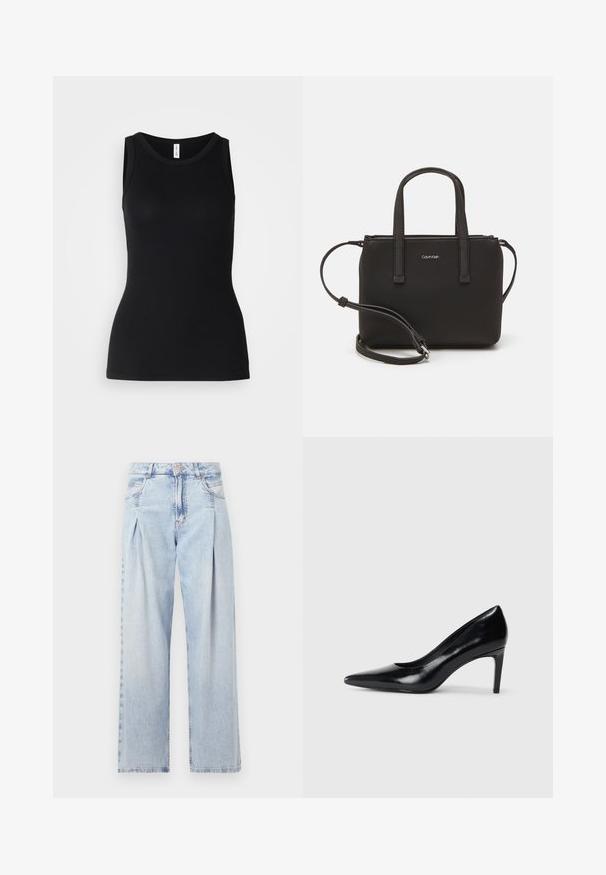 Sort ærmeløs tanktop lavet af ribbet stof, med rund halsudskæring og tætsiddende design, med en glat overflade og uden mønstre.; Lyseblå denim jeans med høj talje, bred benåbning, to sidelommer og plisseret design. Blød tekstur med et falmet finish.; Sort læder højhælede sko med spids tå, glat tekstur og en taperet hæl. Minimalistisk design uden yderligere udsmykninger.; Sort håndtaske med to korte håndtag og en aftagelig skulderrem. Glat læderagtigt materiale med lynlåslukning og logo detaljer.