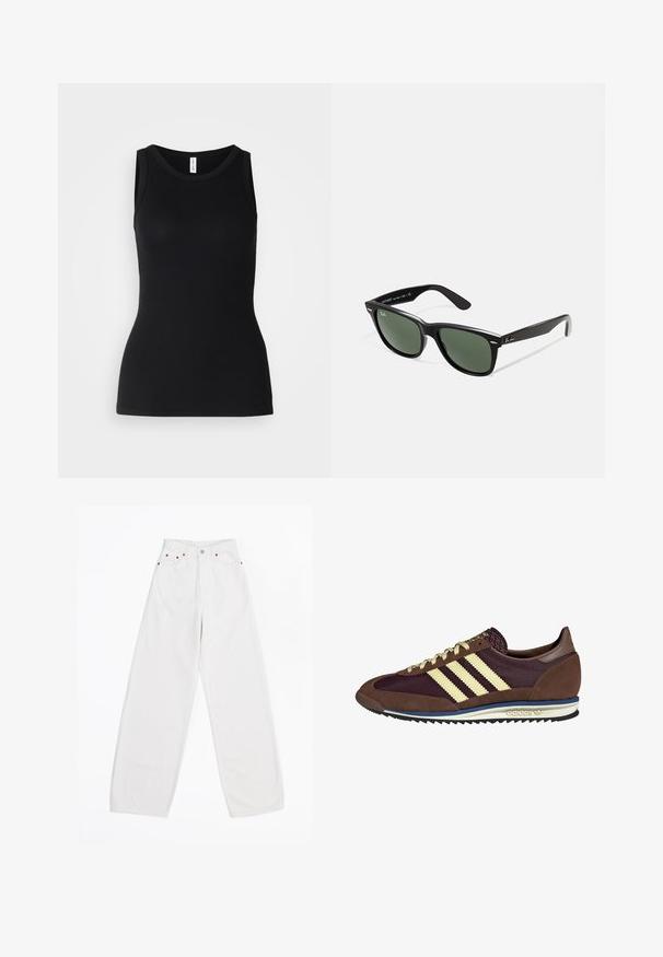 Sort ærmeløs tanktop lavet af ribbet stof, med rund halsudskæring og tætsiddende design, med en glat overflade og uden mønstre.; Hvide wide-leg jeans lavet af denim, med fem lommer, kobber hardware og knaplukning foran. Glat tekstur og lige skæring.; Brune og bordeaux sneakers lavet af ruskind og mesh-materialer, med tre cremefarvede striber, tekstureret stof på tungen, og en gummisål.; Sorte plastiksolkaber med grønne linser, firkantede stel, sølvaccent på brynene og teksturerede templede arme. Angivet mærke på den indre arm.; DRAGON DIFFUSION MINI FLAT GORA - Håndtasker - dark brown