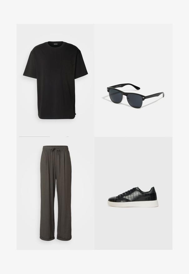 Schwarzes kurzärmliges T-Shirt aus Baumwolle. Verfügt über eine Brusttasche und einen lockeren Schnitt. Einfaches Design ohne sichtbare Muster oder Akzente.; Dunkelgraue weit geschnittene Hose mit einem Zugbandsaum, gefertigt aus einem weichen, strukturierten Stoff, mit umgeschlagenen Bündchen an den Knöcheln.; Schwarze Sneakers mit einer strukturierten, krokodilPrägung aus Leder, runder Zehenpartie und einer kontrastierenden weißen Gummisohle mit glatter Oberfläche.; Schwarze Sonnenbrille mit rechteckiger Form, dunklen Gläsern, silbernen Akzenten an den Bügeln und mattierter Oberfläche des Rahmens.