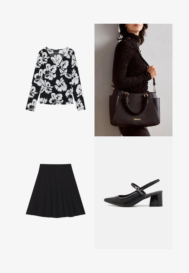Zwarte lange mouwen top met een wit bloemenpatroon, v-hals ontwerp en geplooide details aan de zijkant, gemaakt van een gestructureerde stof.; Zwarte plisseerok van een gestructureerde stof met een aansluitende tailleband. Valt tot op de knie en heeft een gladde, strakke silhouette.; Zwarte gepolijste leren slingback hakken met een spitse neus, een ronde uitsnede en een blokhak. Voorzien van een gouden gespaccent.; Zwarte handtas met gestructureerd oppervlak, dubbele bovenhandvatten en verstelbare schouderriem. Voorzien van goudkleurige hardware en zijzakken.