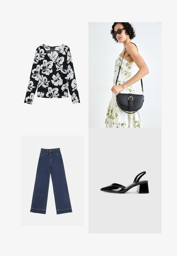 Čierny long-sleeve top s bielym kvetinovým vzorom, s výstrihom do V a zhromaždeným detailom na boku, vyrobený z textúrovanej látky.; Džínsy s širokými nohavicami v tmavomodrom denime. Majú päť vreciek, pútka na opasok a surový spodný lem s viditeľnými švy.; Čierne lakované kožené sandálové podpätky s špicatou špičkou a geometrickým blokovým podpätkom. Disponujú elegantným, minimalistickým dizajnom a hladkým povrchom.; Čierna kožená kabelka s zaobleným tvarom, odnímateľným popruhom a zlatými doplnkami. Kabelka má klopu s detailom s prackou.