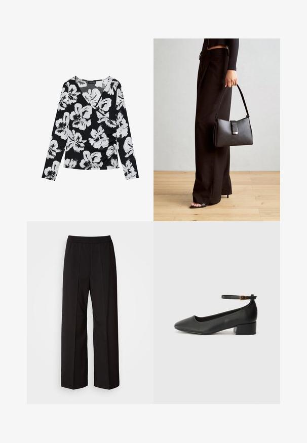 Svart langermet topp med hvitt blomsterdesign, V-hals og samlet detaljer på siden, laget av et teksturert stoff.; Sorte vidde bukser med plissert design, elastisk midjebånd og glatt tekstur. Passer for ulike anledninger.; Sorte skinnpumper med spiss tå og lav blokkhelt. Har ankelrem med gullfarget spenne. Glatt tekstur.; Svart håndveske med strukturert form, jevn tekstur og metallisk lås. Kombinert med brede svarte bukser og sandaler med åpen tå på tregulv.
