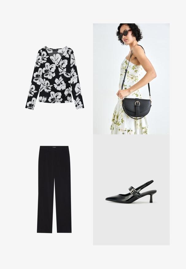 Crna bluzica dugih rukava s bijelim cvjetnim uzorkom, V-izrezom i naborima sa strane, izrađena od teksturirane tkanine.; Crne korduroy hlače ravnog kroja, s ravnim pojasom i bez vidljivih džepova, glatke teksture i detaljima vertikalnih rebrastih uzoraka.; Crne lakirane slingback potpetice s oštrim prstom i malom blok petom, s naglaskom na srebrnoj kopči na remenu.; Crna kožna torba s lukovitim oblikom, odvojivim remenom i zlatnim detaljima. Torba ima preklop s kopčom.