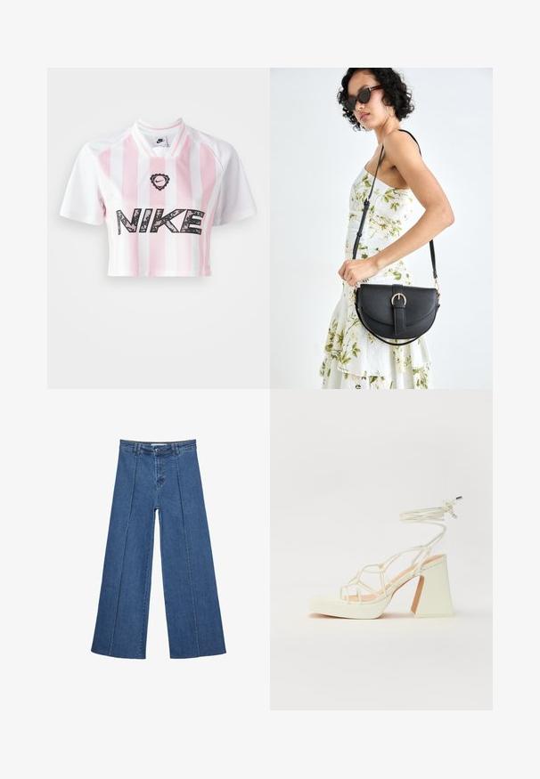 Kratka Nike majica z roza in belo vertikalno črto, kratkimi rokavi in črnim logotipom na sprednji strani z grafičnim vzorcem.; Jeans širokih nogavic v srednji modri barvi, z visokim pasom, gumbom in kontrastnimi navpičnimi šivi spredaj.; Bela sandala na visokih petah s debelim petam, ki ima obliko trakcev in vezanje okoli gležnja. Gladka tekstura z platformo spredaj za dodatno višino.; Črna usnjena torbica s ukrivljeno obliko, z odstranljivo naramnico in zlatimi dodatki. Torbica ima pokrov s podrobnostmi v obliki zaponke.