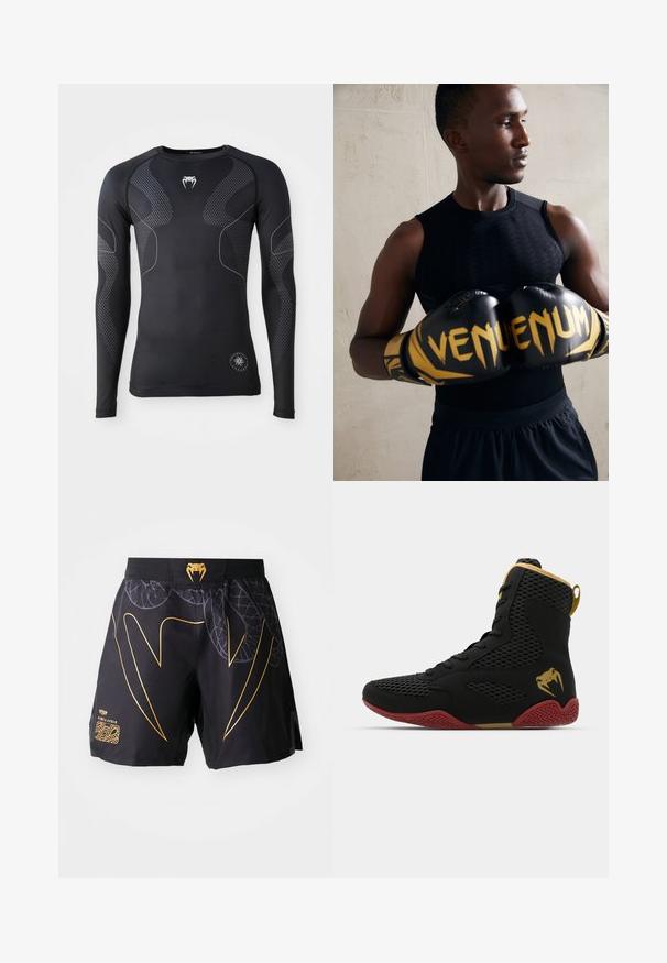 Langermet svart treningsskjorte, laget av elastisk materiale, med kontrasterende grå detaljer og et strukturert mønster på ermene og sidene.; Svarte treningsshorts med gullslange-tanng design, bladmønstre, og en gull slangehode-logo på linningen mot en hvit bakgrunn.; Høy topp idrettssko med svart mesh og syntetisk materiale, teksturerte detaljer, rød gummisåle og gullfarge på ankelen.; Sorte boksehansker med gullakenter og "VENUM" merke. Atleten har på seg en ermeløs svart topp som fremhever en muskuløs fysikk.