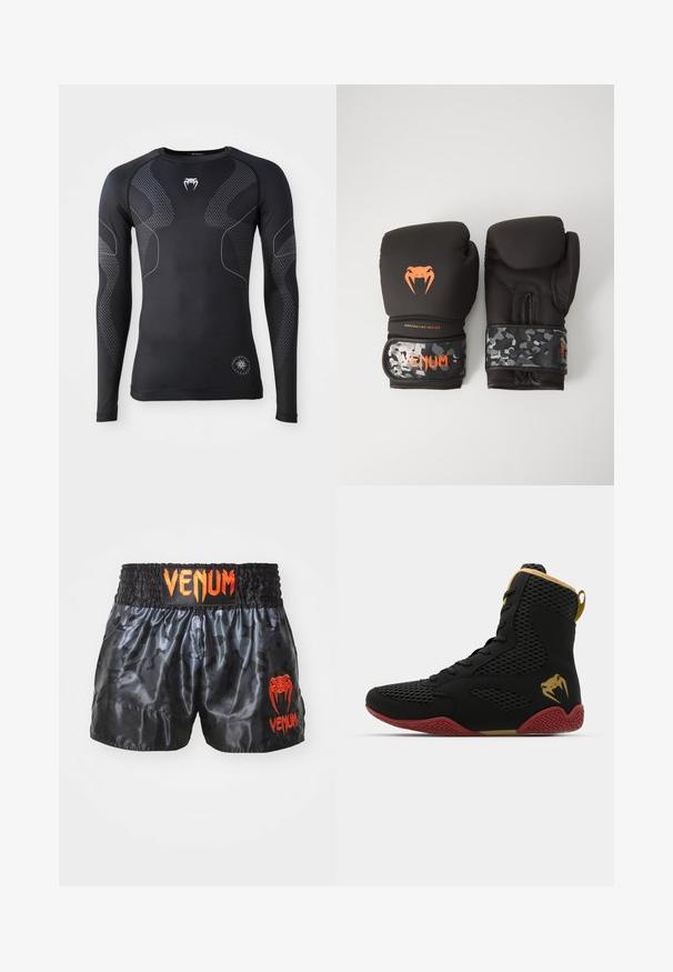 Long-sleeve black athletic shirt, made of stretchy material, featuring contrasting grey accents and a textured pattern on sleeves and sides.; Black satin boxing shorts with a camouflage pattern, featuring an elastic waistband and bright orange "VENUM" logo on the front.; High-top athletic shoe with black mesh and synthetic material, textured accents, red rubber sole, and gold detailing on the ankle.; Black boxing gloves with a matte finish and ergonomic design. Orange logo detailing and camouflage-patterned wrist straps.