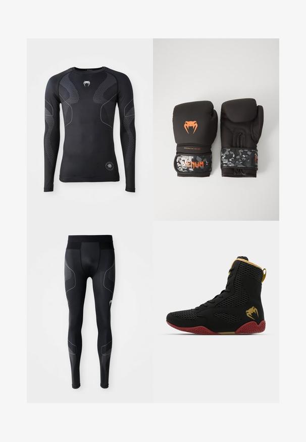 Juodos ilgomis rankovėmis sportinis marškinėliai, pagaminti iš tamprių medžiagų, su kontrastingais pilkais akcentais ir tekstūruotu raštu ant rankovių ir šonų.; Juodos atletinės tamprės, pagamintos iš elastingos medžiagos, su plačiu juosmeniu, tinklinėmis detalėmis ir atspindinčiomis juostelėmis šonuose.; Juodos tinklelio ir sintetinės medžiagos aukštakulniai sportiniai bateliai su tekstūruotomis detalėmis, raudonu guminio pado ir auksinėmis akcentais ant kulkšnies.; Juodi bokso pirštinės su matinio paviršiaus apdaila ir ergonomišku dizainu. Oranžinės logotipo detalės ir kamufliažo rašto riešo diržai.