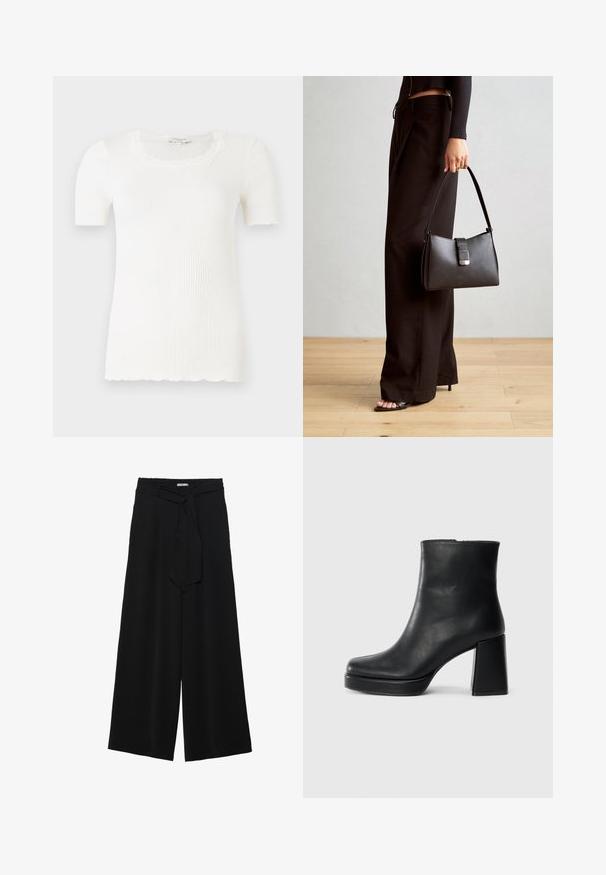 Λευκή ριμπ κοντομάνικη μπλούζα με κομμένη δαντελένια λαιμόκοψη και στρίφωμα. Κατασκευασμένη από μαλακό υλικό, με εφαρμοστή γραμμή και υφή.; Μαύρο παντελόνι με φαρδιά πόδια, φτιαγμένο από υφασμάτινη ύλη με υφή, με ελαστική μέση και αποσπώμενη ζώνη στη μέση για ρυθμιζόμενη εφαρμογή.; Μαύρη δερμάτινη μποτάκι στον αστράγαλο με τετράγωνο τακούνι και πλατφόρμα, απεικονισμένο από το πλάι σε λευκό φόντο.; Μαύρη τσάντα χειρός με δομημένο σχήμα, λεία υφή και μεταλλικό κούμπωμα. Συνδυασμένη με φαρδιά μαύρα παντελόνια και σανδάλια ανοιχτής μύτης πάνω σε ξύλινο πάτωμα.