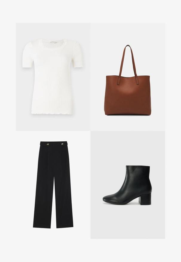 Valge ribadega lühikeste varrukatega top, millel on laineline pitsist kaelus ja äär. Valmistatud pehmest materjalist, millel on vormikas välimus ja tekstuur.; Mustad laiad püksid kõrge vöökoha ja nööpdetailidega vööandil, esikortsudega.; Mustad nahast pahkluu saapad terava varbaga ja jämeda kandaga. Sile tekstuur minimaalse aktsentidega ja stiilne, lihvitud disain.; Pruun nahast tote-kott, millel on sile tekstuur, avatud ülaosa disain ja kaks õlarihma. Omab minimaalset õmblust ja nähtavat riistvara ei ole.