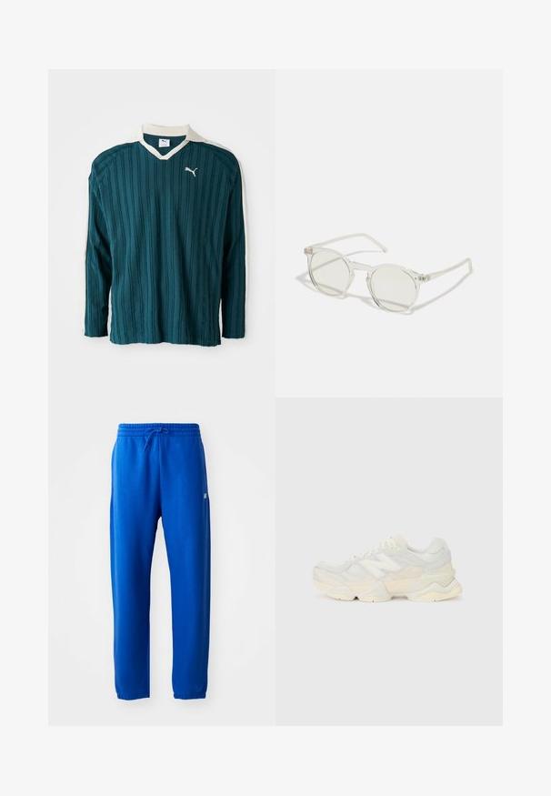 Zöldeskék hosszú ujjú póló függőleges bordás textúrával, V-kivágással és fehér gallérral. Kicsi fehér Puma logó található a mellkasán.; Kék sportnadrág puha anyagból, rugalmas derékkal és zsinórral, tapered lábakkal és egy kis logóval az oldalon.; Könnyű sportcipő, amely hálós és velúr felsőrésszel rendelkezik, lágy krémszínű árnyalatokban, vastag talppal és háromdimenziós díszítésekkel.; Kerek napszemüveg, átlátszó kerettel, világos zöld lencsékkel és vékony, átlátszó szárakkal. A kereten diszkrét fém kiegészítők találhatók.