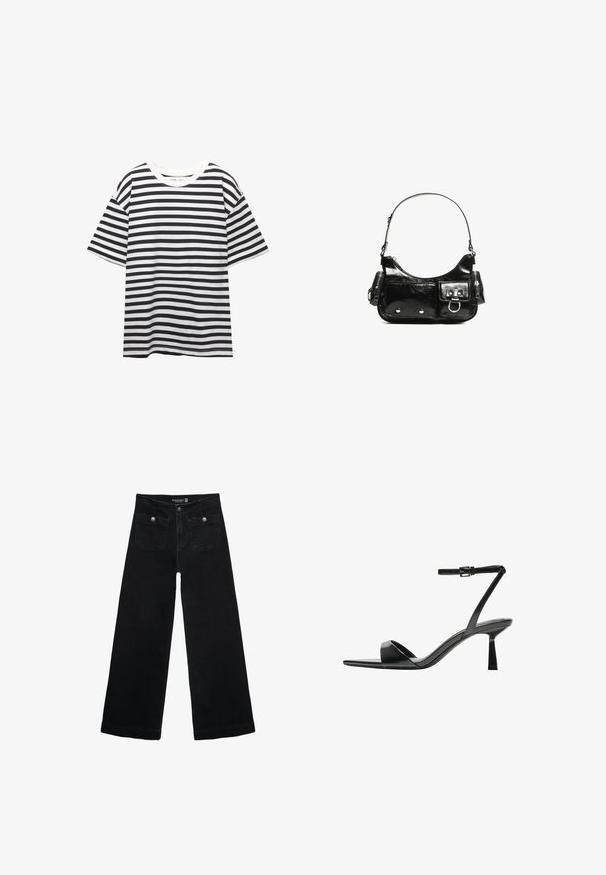 Mustavalkoraidallinen lyhythihainen t-paita, jossa on pyöreä kaula-aukko ja rento istuvuus. Kangas näyttää pehmeältä ja sileältä tasaisilla raidoilla.; Mustat leveälahkeiset farkut korkean vyötärön kanssa, joissa on kaksi etutaskua ja metalliset nappikoristeet. Kangas on sileä.; Bershka Korolliset sandaalit - black; Mustekko mustasta kiiltonahasta valmistettu käsilaukku, jossa on kaareva muoto, yksi olkahihna, etutaskut ja hopeanväriset yksityiskohdat.