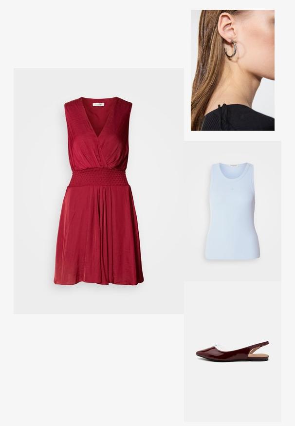 Svijetloplava rebrasta majica bez rukava s okruglim izrezom, koja sadrži suptilne šavove i prilagođeni kroj.; Crvena haljina bez rukava s dubokim V-izrezom, naboranim strukom i lepršavom suknjom. Mekani, lagani materijal s suptilnom teksturom.; Burgundijske lakirane balerinke s otvorenom petom, šiljastim nosom i ravnim crnim đonom. Glatka tekstura, minimalistički dizajn.; Srebrna kružna naušnica s poliranim završetkom, koja ima male zlatne detalje i okrugli oblik, nošena na uhu.
