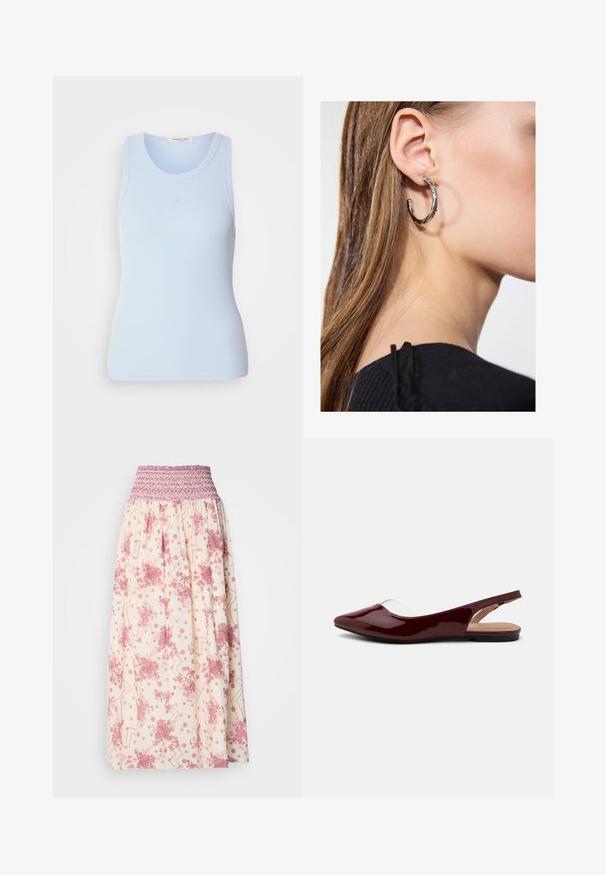 Gaiši zils ribots bezpiedurkņu topiņš ar apaļu kakla izgriezumu, piedāvā nelielas šuvju detaļas un pieguļošu siluetu.; Kreemas maxi svārki ar rozā ziedu un ģeometriskām rakstām. Iespējota elastīga josta pielāgojamai pieguvei, izgatavoti no viegla auduma.; Burgundijas laku siksniņu plakanās kurpes ar norādītu purngalu, caurspīdīgu izgriezumu un plakanu melnu zoli. Gluda tekstūra, minimālisma dizains.; Sudraba auskars ar pulētu apdari, ar maziem zelta akcentiem un apaļu formu, uz ausu ļipiņas.