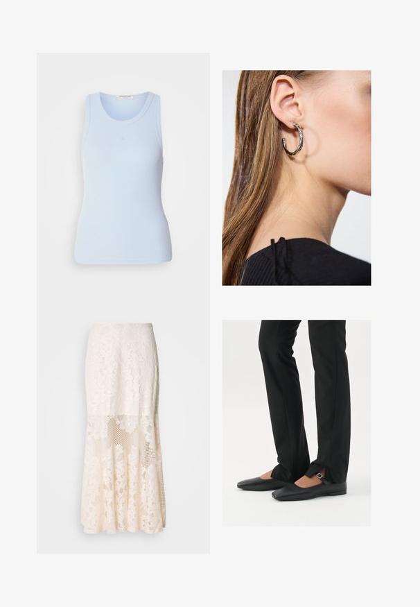 Light blue ribbed tank top with a round neckline and sleeveless design, featuring subtle stitching details and a fitted silhouette.; Floral lace midi skirt in cream; features layered design with sheer sections, textured lace, and a flared hem.; Black leather ballet flats with a pointed toe, strap with silver buckle, paired with black tailored pants featuring a slit hem.; Silver hoop earring with a polished finish, featuring small gold accent details and a round shape, worn on the lobe.
