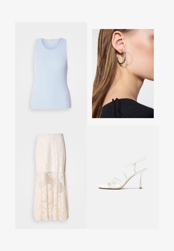 Svijetloplava rebrasta majica bez rukava s okruglim izrezom, koja sadrži suptilne šavove i prilagođeni kroj.; Krem suknja midi od cvjetne čipke; sadrži slojeviti dizajn s prozirnim dijelovima, teksturiranom čipkom i raširenim rubom.; Bijele sandale s visokom potpeticom i trakama, ravno oblikovanim prstima, teksturiranim prednjim dijelom s naboranim detaljima i uskom trakicom oko gležnja.; Srebrna kružna naušnica s poliranim završetkom, koja ima male zlatne detalje i okrugli oblik, nošena na uhu.