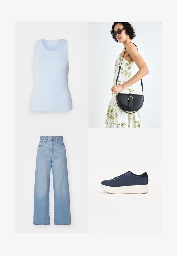 Light blue ribbed tank top with a round neckline and sleeveless design, featuring subtle stitching details and a fitted silhouette.; Light blue high-waist wide-leg jeans with front button and zip closure, front and back pockets, on a white background.; Navy blue sneaker with a textured fabric upper, white platform sole, rounded toe, and black heel accent. Features six eyelets for laces.; Black leather handbag with a curved shape, detachable strap, and gold hardware. The bag features a flap with a buckle detail.