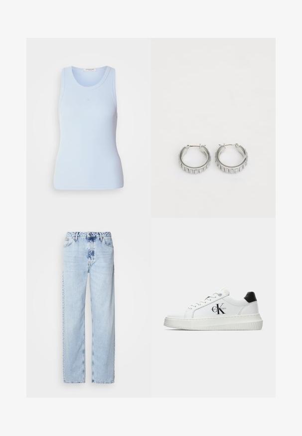 Svijetloplava rebrasta majica bez rukava s okruglim izrezom, koja sadrži suptilne šavove i prilagođeni kroj.; Svijetloplave široke traperice od denima, s visokim strukom, izblijedjelim pranjem i suptilnim uzorkom tie-dye na prednjoj strani.; Bijeli niskotoperani tenisice s crnom petom, platformom, vezicama i "CK" logotipom Calvin Kleina sa strane.; Srebrne naušnice na obruče s teksturiranim dizajnom koji sadrži vertikalne rebra. Okrugli oblik s sigurnim zatvaranjem. Glatka završna obrada.