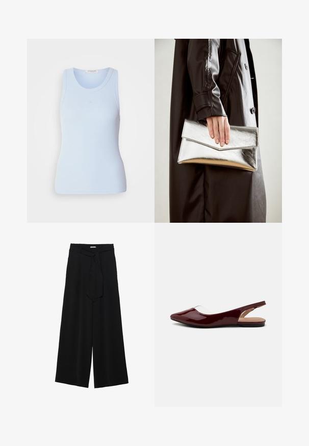Light blue ribbed tank top with a round neckline and sleeveless design, featuring subtle stitching details and a fitted silhouette.; Black wide-leg pants featuring a textured fabric, an elastic waistband, and a detachable sash tie at the waist for adjustable fit.; Burgundy patent slingback flats with a pointed toe, transparent cutout, and a flat black sole. Smooth texture, minimalist design.; Silver metallic clutch with an angular envelope design, smooth texture, and contrasting interior color, held in a hand wearing a black coat.; Silver hoop earrings with a smooth, polished finish. Round shape and secure click-top closure. Lightweight design suitable for everyday wear.