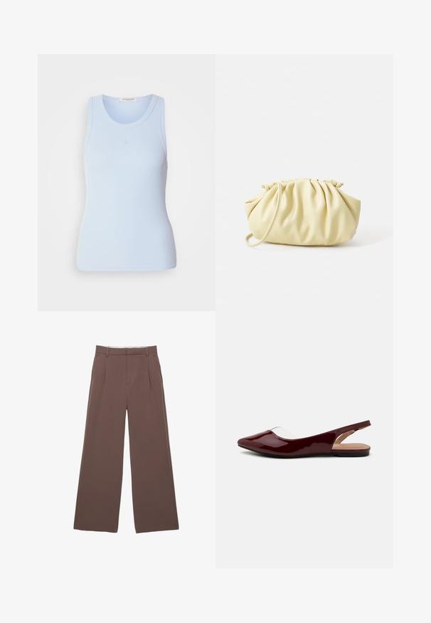 Svetlo modra rebrasta majica brez rokavov z okroglim izrezom, ki ima diskretne šive in prilegnjeno silhueto.; Hlače širokih nogavic v enotni rjavi tkanini, z gladko teksturo, sprednjimi pregibi in natančno oblikovanim pasom. Brez vidnih logotipov ali vzorcev.; Burgundski patenti slingback baletni čevlji s koničastim nosom, prozornim izrezi in črnim ravnim podplatom. Gladka tekstura, minimalističen dizajn.; Rumena nabirana torbica iz gladke umetne kože, ki ima mehko obliko, en ramenski trak in nabran vrhnji del.; Srebrna obročasta uhana s polirano površino, ki vključuje majhne zlate poudarke in okroglo obliko, nošena na ušesnem lobu.