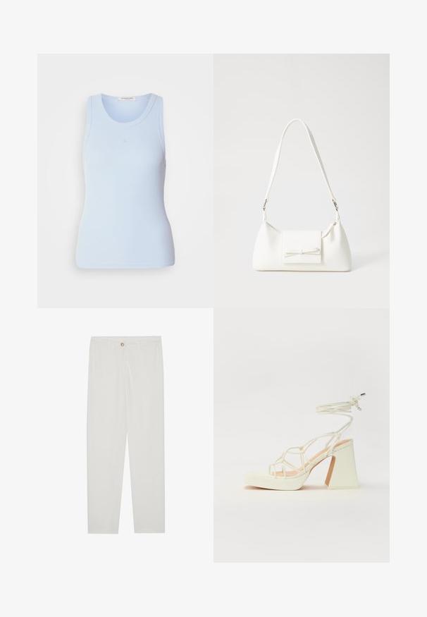 Top de alças azul claro com decote redondo e design sem mangas, apresentando detalhes de costura discretos e uma silhueta ajustada.; Calças brancas, ajustadas, com um design de perna reta, apresentando um fecho de botão, passantes para cinto e bolsos laterais; textura de tecido suave.; Sandálias brancas de salto alto com um salto robusto, apresentando um design com tiras e amarração no tornozelo. Textura suave com uma plataforma na frente para altura adicional.; Mala sintética branca com formato triangular, aba frontal plana e detalhe de laço, alça ajustável, textura suave e design minimalista.
