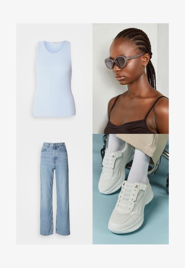 Svetlo modra rebrasta majica brez rokavov z okroglim izrezom, ki ima diskretne šive in prilegnjeno silhueto.; Svijetloplave traperice viskog struka s ravnim nogavicama, izrađene od denima, s prednjim kopčanjem na gumb i suptilnim detaljima izblijeđivanja.; Bele teniske z mrežastim materialom, gumene podplate, brez vezalk, z elastikami in zlatimi akcenti.; Sive velike sončne očala z zaobljeno obliko in temnimi lečami. Elegantno plastično ogrodje z gladko površino. Model ima spletene lase.; Modra tkana šal s resicami na koncih, gladka tekstura, pravokotna oblika in enotna barva po celotni dolžini. Primeren za hladno vreme.