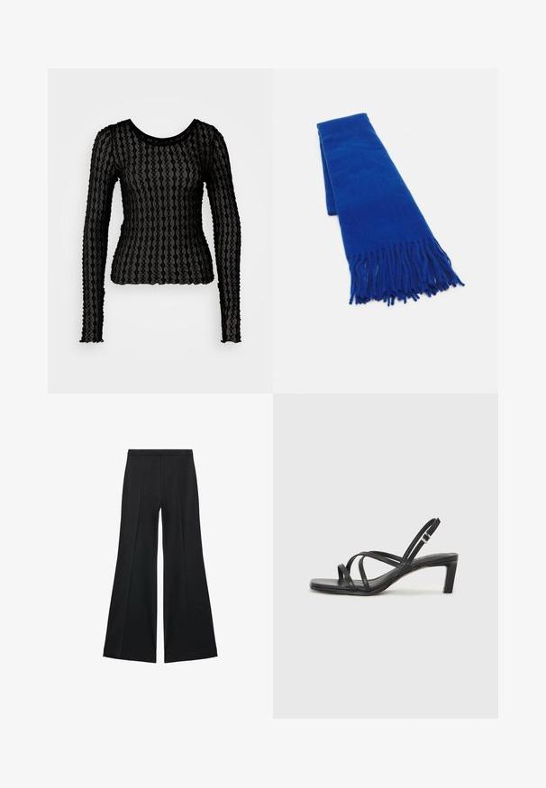 Črn dolgi rokav, izdelan iz prosojnega, strukturnega materiala z valovitim črtastim vzorcem. Ima okroglo izrez in nabrane robove rokavov.; Črne široke hlače z gladko teksturo, ki imajo sprednje nabore in kroj po meri. Tkanina je lahka in zračna.; Črne natikače s trakovi in kvadratnim prstom ter nizkim blokastim peto. Imajo več tankih trakov in nastavljiv trak okoli gležnja. Narejene so iz gladkega usnja.; Modra tkana šal s resicami na koncih, gladka tekstura, pravokotna oblika in enotna barva po celotni dolžini. Primeren za hladno vreme.; Srebrn dvojni prstan z gladko, polirano površino. Ima tekoč, ukrivljen dizajn z prekrivajočimi se sekcijami za sodoben videz.