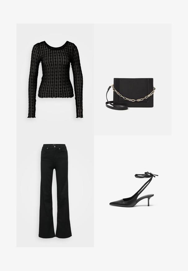 Schwarzes Langarmshirt aus durchscheinendem, strukturiertem Stoff mit wellenförmigem Streifenmuster. Verfügt über einen runden Ausschnitt und geraffte Ärmelränder.; Schwarze, ausgestellte Jeans aus Denim, mit hoher Taille, fünf Taschen und Metallknopfverschluss. Glatte Textur mit minimaler Gestaltung.; Schwarzer Leder-Stiletto mit spitzem Zehenbereich, offenem Fersenbereich und mit einer Schleife gebundenen Knöchelriemen. Schlanker 3-Zoll-Absatz. Glatte Textur, minimalistisches Design.; Schwarze Leder-Crossbody-Tasche mit glatter Textur, rechteckiger Form und metallic-kettendetail auf der Vorderseite. Verstellbarer Gurt inklusive.; Silberner Doppelring mit einer glatten, polierten Oberfläche. Verfügt über ein fließendes, kurviges Design mit überlappenden Abschnitten für einen modernen Look.