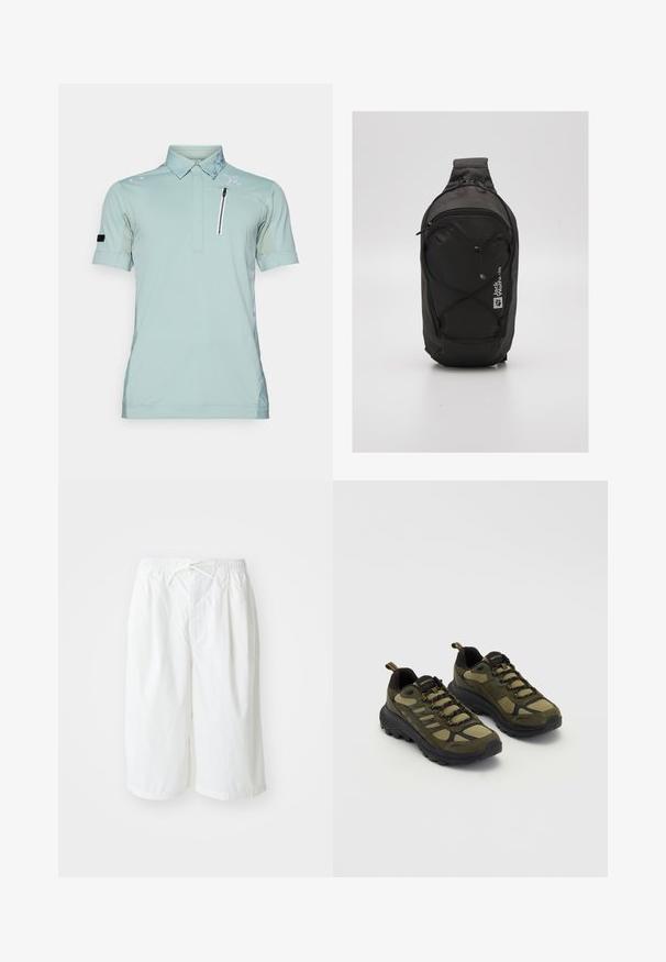 Lys grønn polo-skjorte med glidelåslomme, mønstrete krage, korte ermer og logo på skulderen, laget av pustende stoff.; Hvite shorts med elastisk midjebånd og snor, vist mot en enkel lys bakgrunn. Egnet for casual eller varmt vær.; Grønne og svarte treningssko med en teksturert overdel, mesh-paneler, solid såle, og snøring med reforsterte tær og hæl.; Svart ryggsekk med et strømlinjeformet design, laget av slitesterkt stoff. Har en glidelåslomme, elastiske snor detaljer og logo.