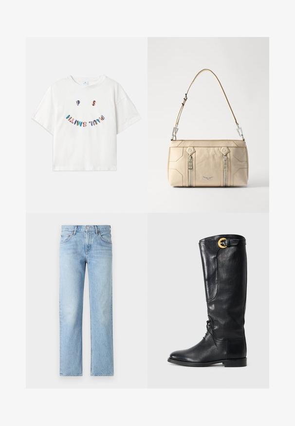 Witte katoenen t-shirt met korte mouwen, ronde halslijn en een kleurrijke "P.S. Smile" grafiek gedrukt in een gebogen indeling op de voorkant.; Lichtblauwe denim jeans met een rechte pasvorm, vijf zakken, knoop- en ritsluiting, en een licht vervaagde afwerking.; Zwarte leren kniehoge laars met een ronde neus, vetersluiting aan de voorkant, zijdetail en een gouden accent gesp aan de bovenkant. Eersteklas afwerking.; Beige leren handtas met zilveren hardware, twee zijritsen, gestructureerd ontwerp en een afneembare schouderband voor veelzijdigheid.