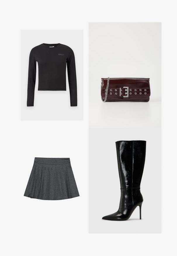 Fekete, hosszú ujjú crop top, rugalmas anyagból készült, kerek nyakkivágással és kis logóval a mellkasán.; Szürke csíkozott korcsolyaszoknya, illeszkedő derékbetéttel, ellapult A-vonalú fazonnal és puha szövet textúrával. A függőleges vonalak fokozzák a vizuális vonzerőt.; Fekete bőrből készült, térd fölé érő csizmák hegyes orral és magas stiletto sarokkal. Simára csiszolt textúra és elegáns kivitelezés, minimális díszítéssel.; Burgundy színű műbőr clutch ezüst láncos pánttal, csattos kialakítással és fém szemekkel az elején, hogy még részletesebb legyen.; Tizenkét darabból álló fülgyűrű készlet ezüst és arany árnyalatokban. Csavarodott, sima és texturált mintázatokat ölel fel, különböző méretekben és felületekkel.