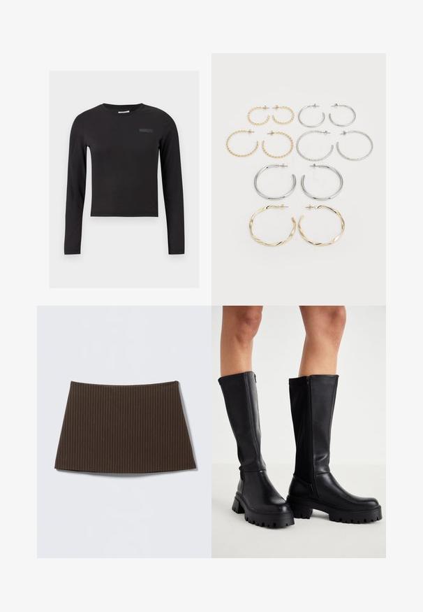 Čierny dlhý rukáv crop top vyrobený z elastického materiálu, so zaobleným výstrihom a malým logom tlačeným na hrudi.; Hnedá sukňa s tenkými pásikmi, priliehavého strihu, hladkého materiálu a rozšíreným lemom, ideálna pre elegantný vzhľad.; Čierne členkové čižmy s hladkej ekologickej kože s robustnou podrážkou, bočným zipom a zaobleným špičkovým dizajnom.; Sada dvanástich kruhových náušníc v striebornej a zlatej farbe. Obsahuje skrútené, hladké a textúrované vzory v rôznych veľkostiach a povrchových úpravách.