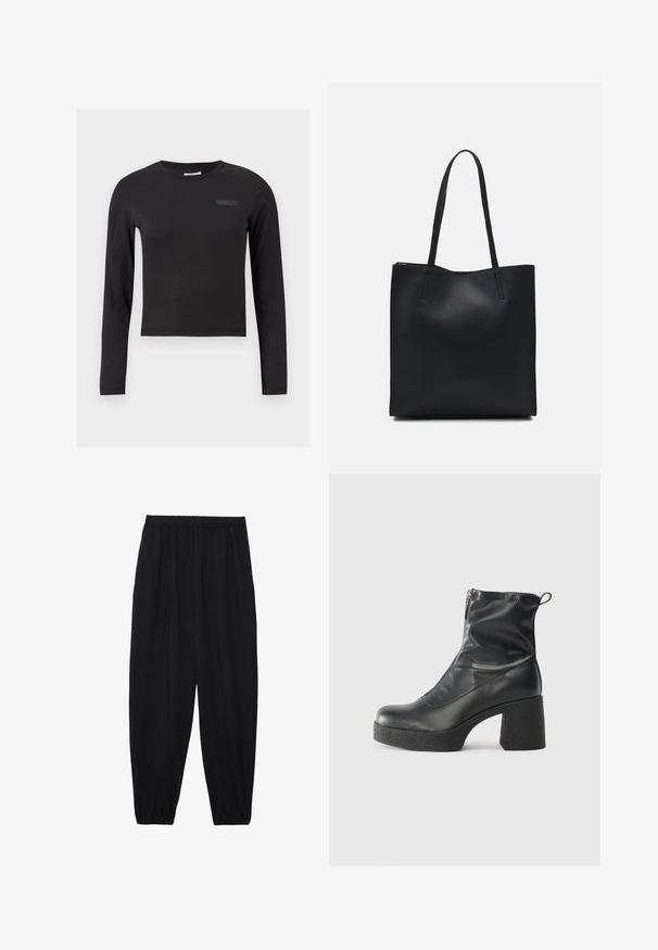 Juodas ilgas rankovės crop topas, pagamintas iš tamprios medžiagos, su apvaliu iškirpimu ir nedideliu logotipu, spausdintu ant krūtinės.; Juodi, lengvi kelnių su elastinga juosmens juosta ir surinktais kulkšniais. Audinys yra lygus ir turi atsipalaidavusį, siaurėjantį dizainą.; Juodos kulkšninių botai, pagaminti iš lygaus odos, su šoniniu užtrauktuku, masyviu tekstūruotu kulnu ir apvaliu pirštu.; Juodas odinis tote krepšys su lygia tekstūra, stačiakampio formos ir dviem ilgais rankenomis. Matomų metalinių detalių ar puošybos nėra.