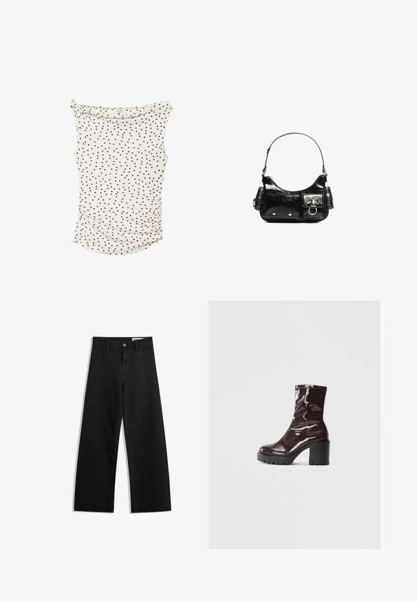 Top senza maniche color avorio con pois neri, tessuto morbido, lati arricciati e scollo drappeggiato. La parte finale del capo presenta un orlo curvo.; Pantaloni in denim neri a gamba larga con vita alta, dotati di tasche anteriori e posteriori, cuciture a punto, e chiusura con bottone. Texture liscia.; Stivale alla caviglia bordeaux lucido con un tacco spesso nero, caratterizzato da una superficie liscia e un design semplice. Nessuna chiusura visibile o motivo.; Borsa a spalla in vernice nera con forma curvata, una tracolla, tasche frontali e dettagli in metallo argentato.