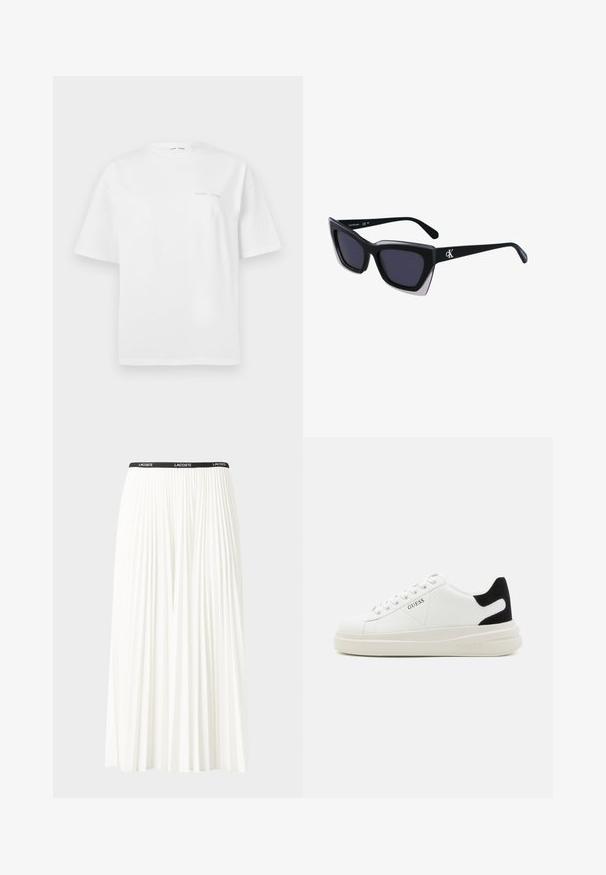 Tricou alb din bumbac, cu mâneci scurte, guler rotund și detalii minime cu logo gri pe față. Textură netedă, croi obișnuit.; Fustă plisată albă cu un brâu elastic negru, având logo-ul "LACOSTE". Design de lungime medie, cu textură moale.; Adidași din piele albă cu o talpă groasă albă, accent de călcâi din suede negru și logo embosat pe lateral. Design cu șireturi și șase orificii.; Ochelari de soare supradimensionați, negri, cu o formă geometrică, având lentile întunecate și un detaliu gri contrastant pe ramă. Logo pe braț.