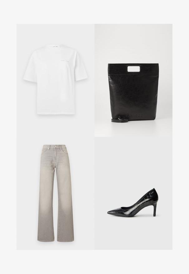 T-shirt bianco in cotone con maniche corte, collo rotondo e un minimo dettaglio del logo grigio sulla parte anteriore. Tessuto morbido, vestibilità regolare.; Jeans grigi larghi con finitura sbiadita, chiusura con bottone, design a cinque tasche e cuciture decorative lungo le cuciture.; Décolleté nere con punta affusolata, finitura lucida e un sottile motivo testurizzato. Presentano un tacco moderato e un design con apertura sulla parte superiore.; Borsa tote in pelle nera con manico quadrato, caratterizzata da una finitura testurizzata e logo impresso. Include una tracolla rimovibile.