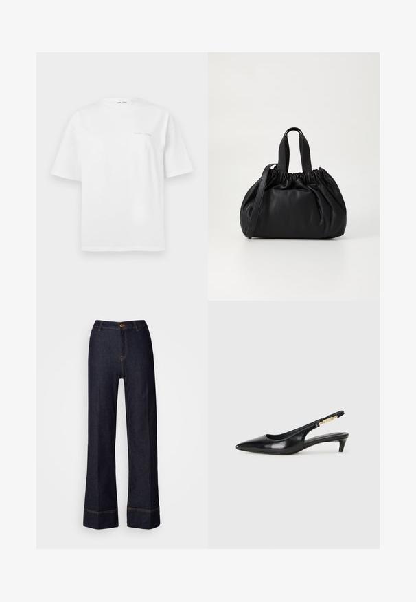 Bijela pamučna majica s kratkim rukavima, okruglim izrezom i minimalnim sivim logom na prednjoj strani. Glatka tekstura, regularni kroj.; Tamne hlače širokog kroja od tamnog trapera s visokim strukom, koje imaju prednje zatvaranje na dugme i narančaste šavove. Cjelokupna površina je glatka.; Crne kožne sandale s petom, s izduženim vrhom, imaju usku petu i zlatni akcent na podesivoj traci. Glatka tekstura.; Crna kožna torba s nabranim dizajnom na vrhu, s dva kratka ručka i dugim podesivim remenom. Glatka tekstura, zaobljen oblik.