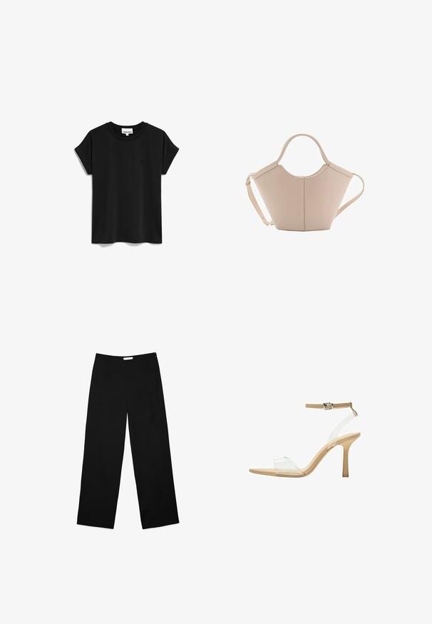 ARMEDANGELS IDAARA - T-Shirt basic - black; Schwarzfarbene weite Hosen aus einem glatten Stoff, mit einem schlichten Design und einem dezenten seitlichen Reißverschluss zum Verschließen.; Durchsichtige Sandale mit transparentem Obermaterial, beigem Fußbett und einem schlanken Knöchelriemen. Sie hat eine spitz zulaufende Zehenpartie und einen dünnen, hohen Absatz.; Beige Lederhandtasche mit einer einzigartigen Form, die zwei kurze Henkel und einen langen verstellbaren Riemen aufweist. Glatte Textur mit minimalen Hardware-Elementen.