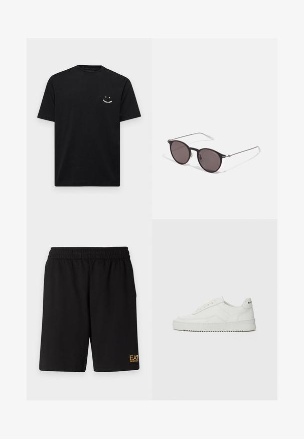 PS Paul Smith HAPPY REGULAR FIT - Pamata T-krekls - blacks; Melnas sporta šortus, kas izgatavoti no mīksta auduma, ar elastīgu jostu un mazu dzeltenu EA7 logo zem kreisā kājas stūra.; Baltas ādas sneakers ar gludu virsmu, apaļu pirkstu daļu, plakaniem šņorēm un teksturētu zoli. Satur diskrētu logotipu uz papēža.; Melni apaļi saulesbrilles ar tumšiem lēca un plānām metāla stangām. Iekļautas caurspīdīgas tempļu galviņas un sudraba akcenti pie eņģes. Minimalistisks dizains.
