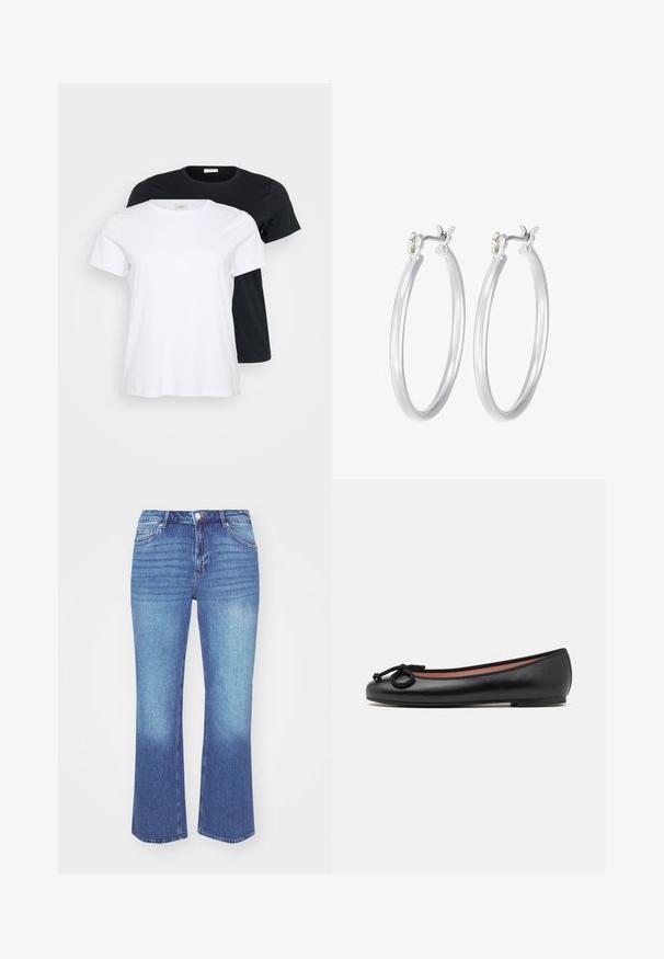 Dve tričká, jedno biele a jedno čierne, s krátkymi rukávmi, okrúhlym výstrihom a hladkou bavlnenou textúrou.; Džínsy v svetlom až stredne modrom prechode. Majú rovný strih, päť vreciek a prešité detaily pozdĺž švov.; Čierne kožené balerínky s okrúhlou špičkou, majú dekoratívnu mašľu a hladký povrch. Minimalistický dizajn s nízkou, plochou podrážkou.; Strieborné kruhové náušnice s hladkým, lesklým povrchom. Kolový tvar a bezpečné klikanie na uzatváranie. Ľahký dizajn vhodný na každodenné nosenie.
