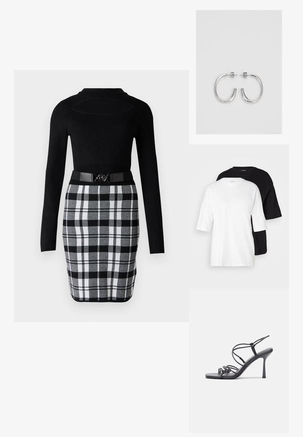 Two short-sleeve t-shirts, one white and one black, made of cotton. Features a crew neckline and a loose, relaxed fit with a smooth texture.; Black long-sleeve top with a fitted design, paired with a black and white checked pencil skirt featuring a belt with circular hardware.; Black high-heeled sandals feature thin straps with a knotted design, a smooth square toe, and a sleek stiletto heel.; Light gray metallic handbag featuring a chain strap, embellished with small circular metallic studs and a triangular brand logo.; Silver hoop earrings with a smooth, shiny surface, featuring a curved shape and post-back closure. Minimalist design with a modern finish.